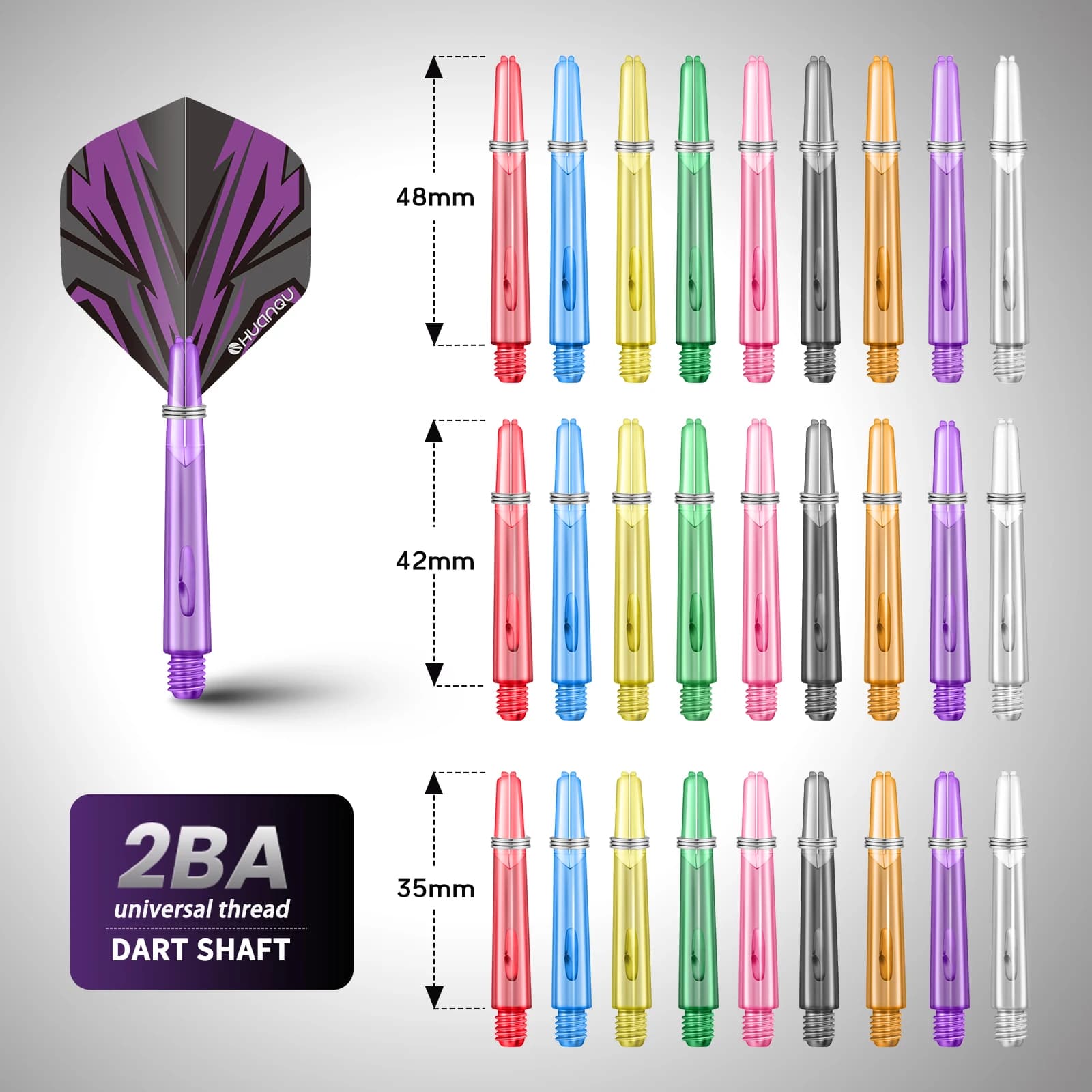 Huanqu 18-Piece Pc Dart Shaft Set, 2Ba Universal Thread, Mixed Lengths of 35Mm/42Mm/48Mm, Durable and Impact-Resistant Dart Replacement Parts, 9 Colors Available, Suitable for Soft Tip and Hard Tip Dart Training and Competition