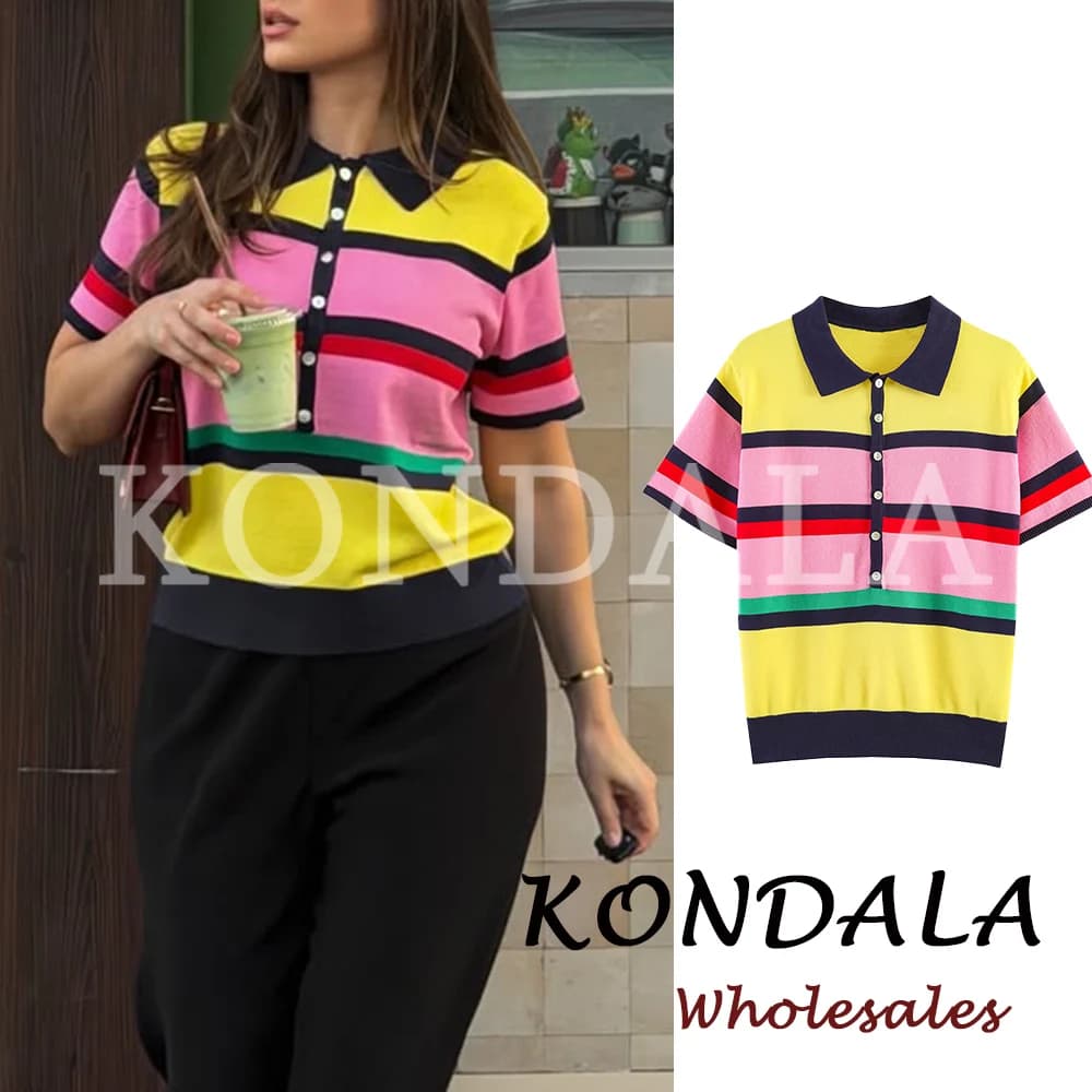KONDALA Maglione Estivo Chic a Righe per Donna, Moda Streetwear Y2K 2026, Camicia POLO con Colletto Rovesciato, Maglioni Casual Femminili