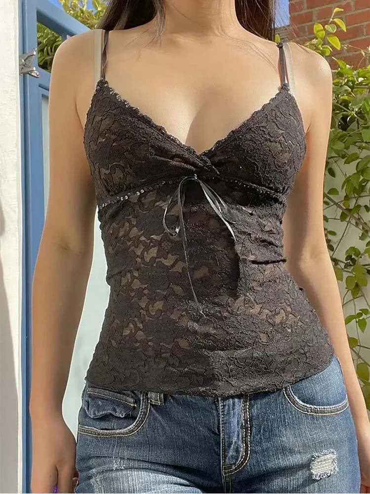 Top Corto in Pizzo Trasparente Nero da Donna, Abbigliamento Estivo Y2K, Canotta Sexy Senza Maniche con Scollo a V, Stile Estetico Anni 2000, Magliette Gotiche