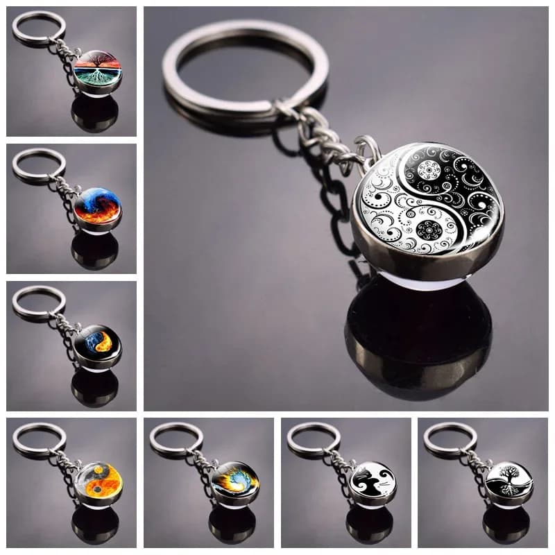 Portachiavi Yin Yang Portachiavi Yin Yang Albero della vita Portachiavi con sfera di vetro a doppio lato Portachiavi con gatto Yin Yang