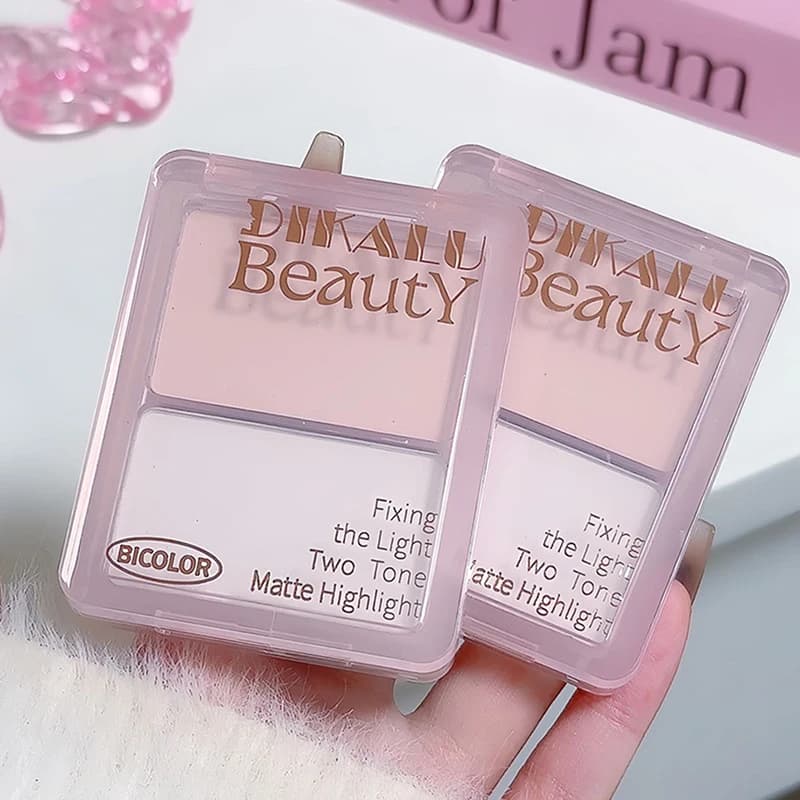 Palette Contorno e Illuminante Bicolore DIKALU, Illuminante Bianco Opaco, Ombretto Grigio-Marrone, Bronzer Viso Lunga Durata