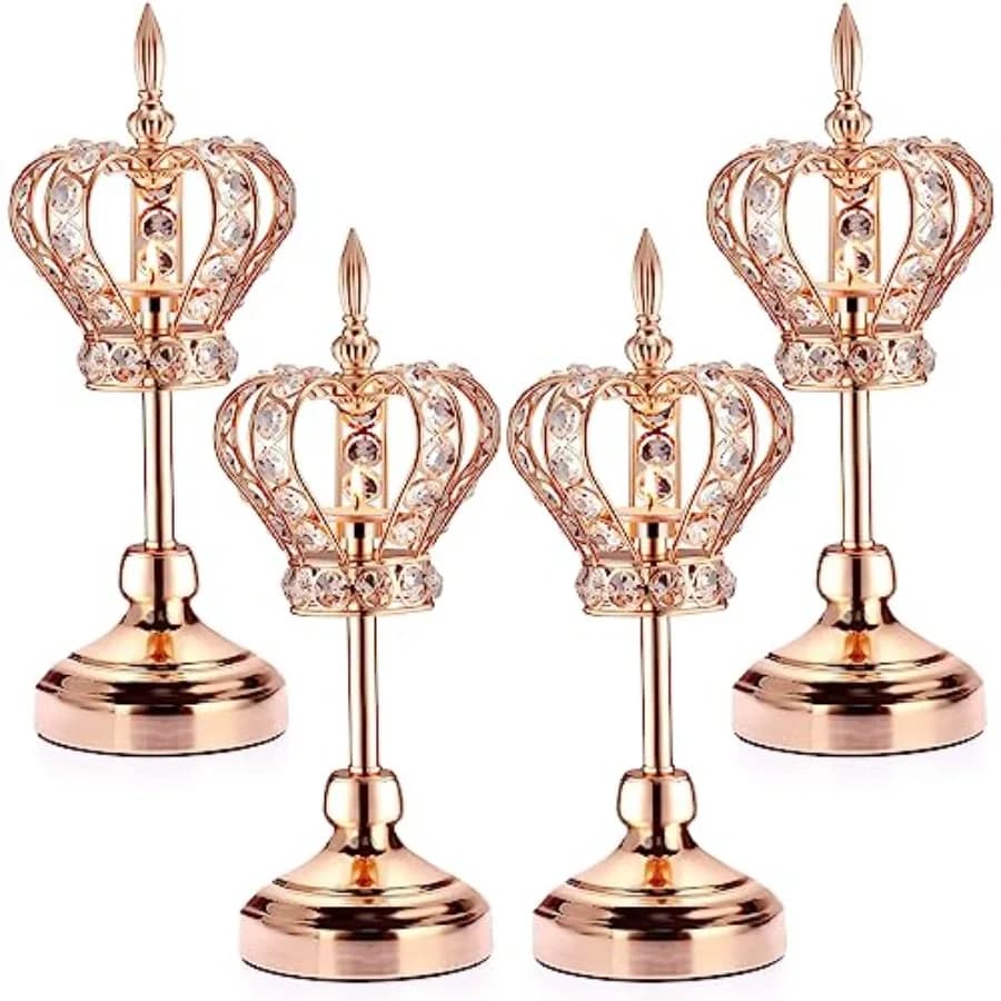 Set di 4 Portacandele in Cristallo Dorato, Candelabri a Corona 13,8 Pollici, Supporti per Candele Tealight in Metallo, Candelabri Vintage per Candele Votive E
