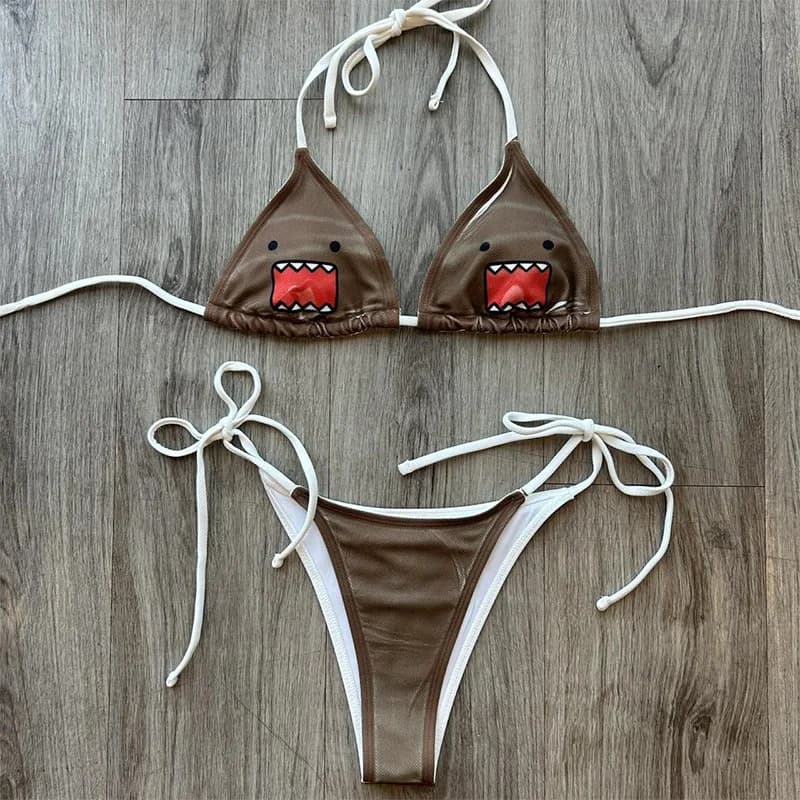 Set Bikini a Forma di Squalo Cartoonesco per Donne, Halter con Lacci Laterali, Stile Kawaii Y2K, Costume da Bagno Estivo da Spiaggia