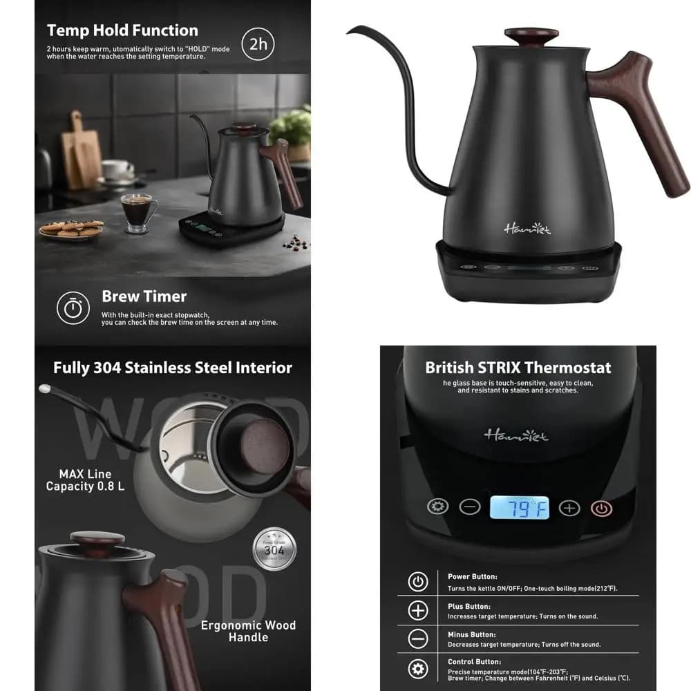 1200 W Quick Heat 0.8 Liter Stainless Steel Electric Kettle With Precision Temperature Control, Timer and Wooden Handle To Pour Over