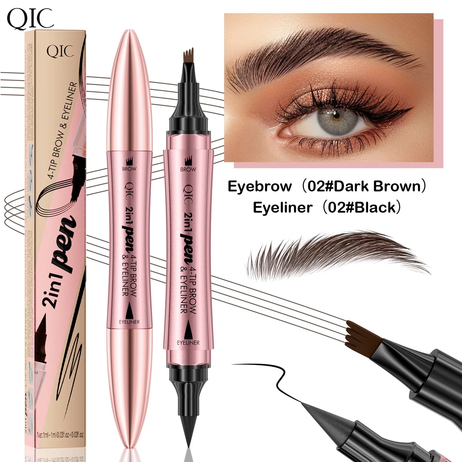 Penna per Sopracciglia e Eyeliner 2-in-1 QIC, Lunga Durata, Impermeabile e Anti-Sbavatura, con Punta Divisa per Trucco