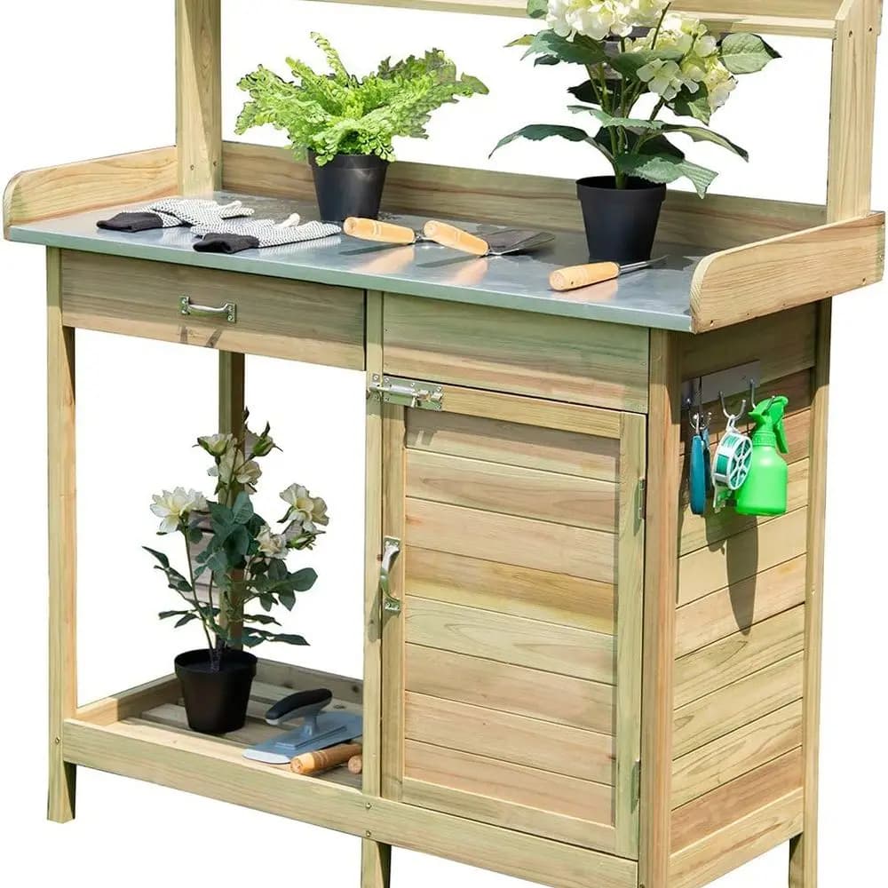 Tavolo da banco per invasatura per esterni in legno naturale, piante da giardino, prato, patio, ripiano, tavolo in metallo, flusso per postazione di lavoro all'aperto