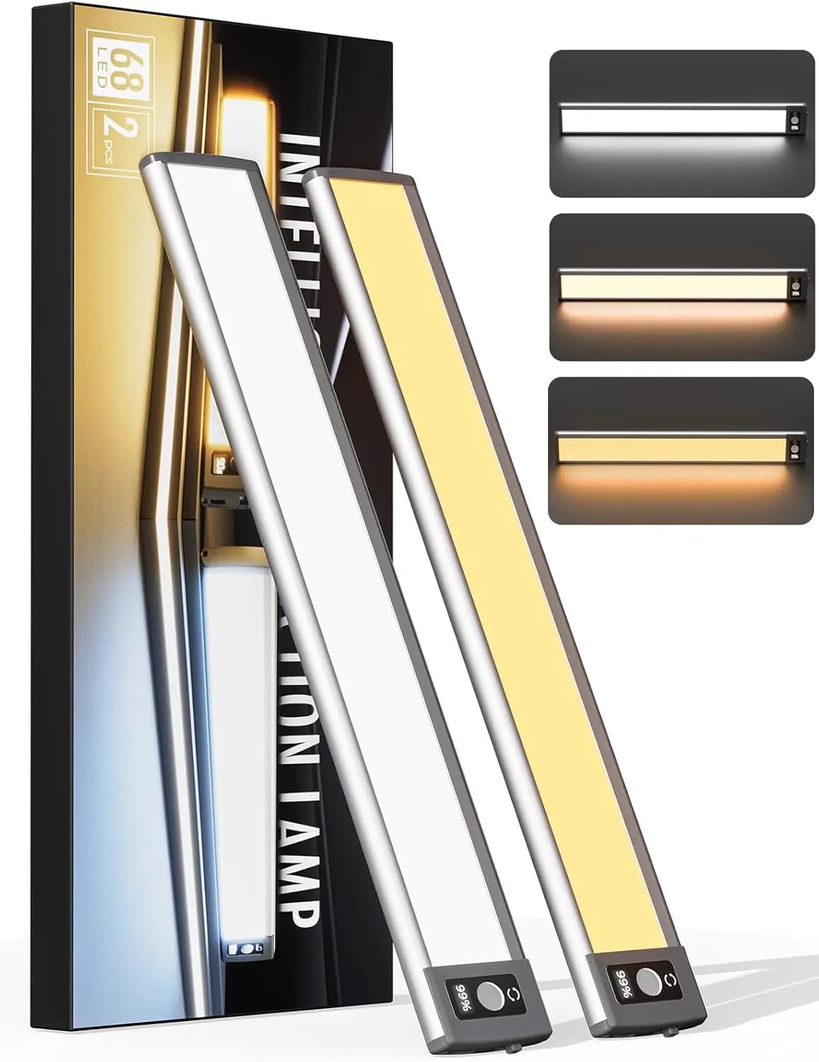 Luce LED Sottopensile con Display Digitale, 3 Temperature di Colore e Dimmerabile, Sensore di Movimento, Ricaricabile, Magnetica Adesiva, Confezione da 2