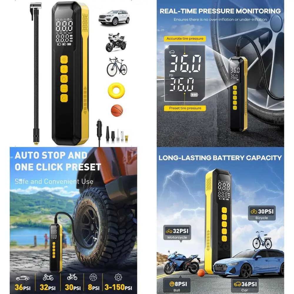 Gonfiatore portatile per pneumatici senza fili da 150 PSI con indicatore digitale e luce a LED per auto, biciclette e altro ancora
