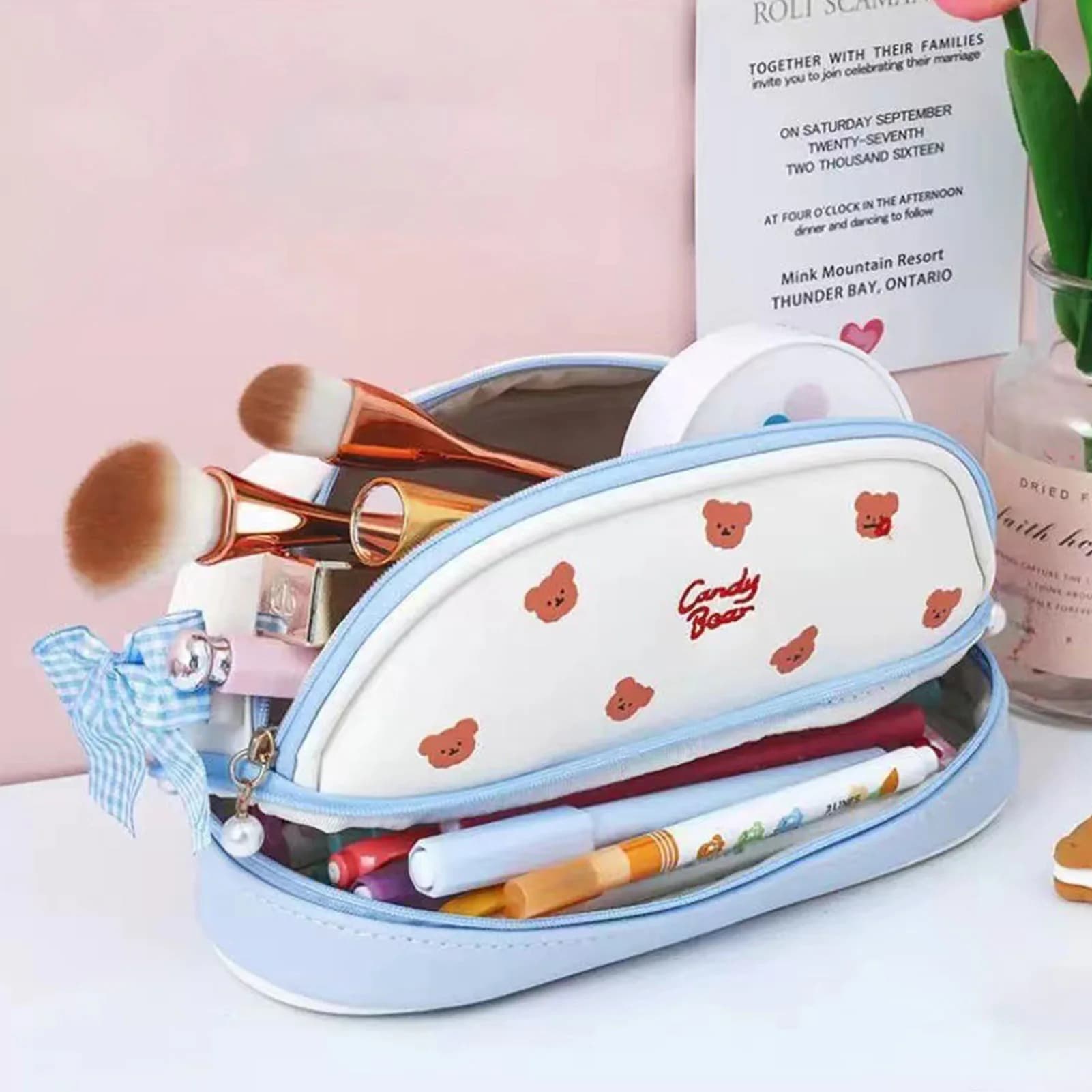 Astuccio per matite INS Cartoon Bear Astuccio per penne a doppio strato di grande capacità per matita Pennarello Pennello cosmetico Cancelleria scolastica per studenti