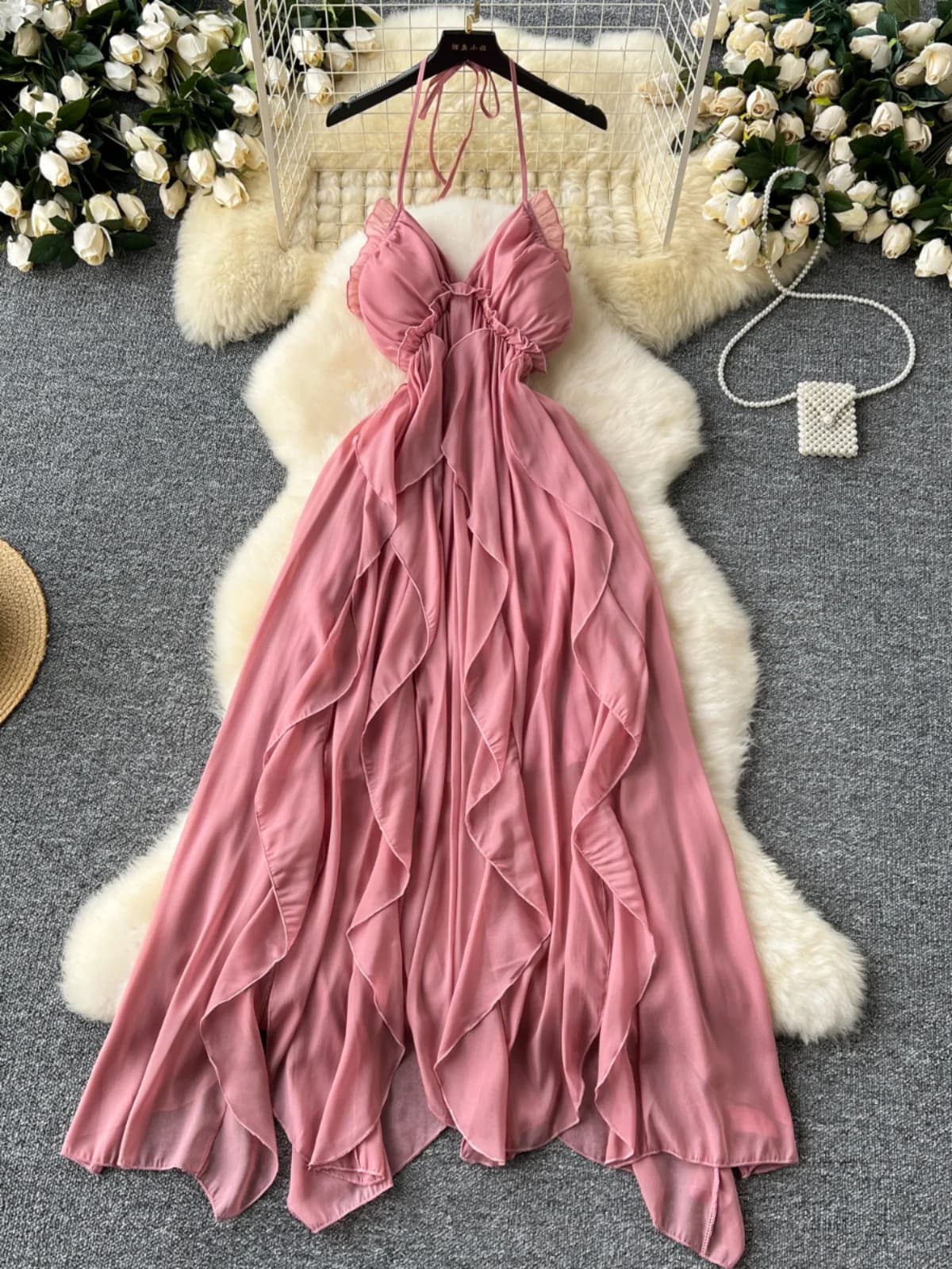 Abito lungo da donna sexy con scollo a V e vita alta in garza, ideale per la spiaggia - Stile dolce e piccante