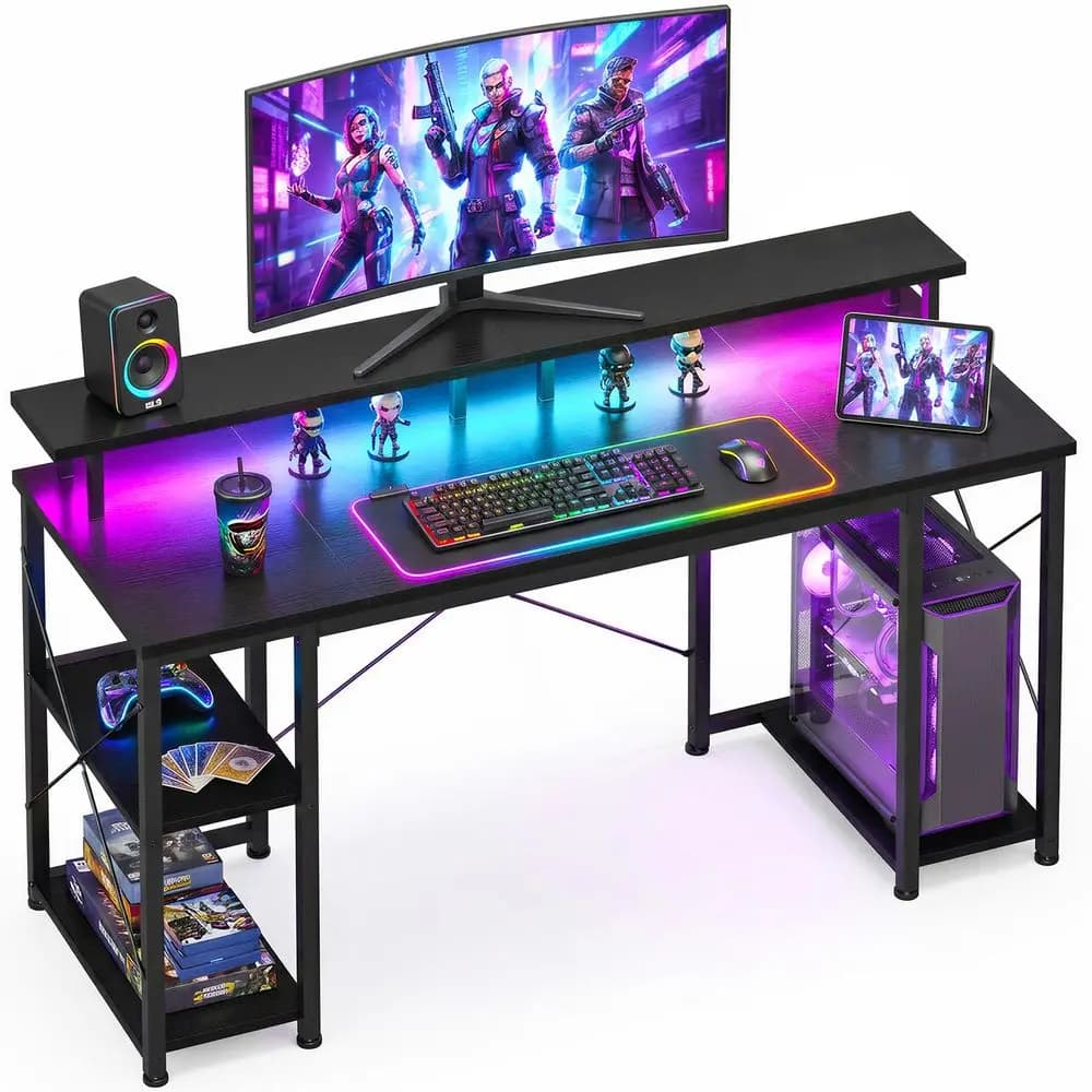 Scrivania da gaming da 48 pollici con luci a LED, scrivania per computer con supporto per monitor e ripiani portaoggetti, supporto per CPU, scrivania per ufficio domestico, nera