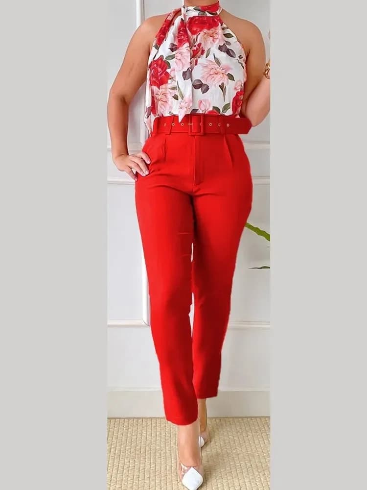Set da due pezzi per donna Set di pantaloni lunghi estivi Stampa floreale Canotta senza maniche con scollo all'americana con cintura O-Collo femminile Abiti da due pezzi