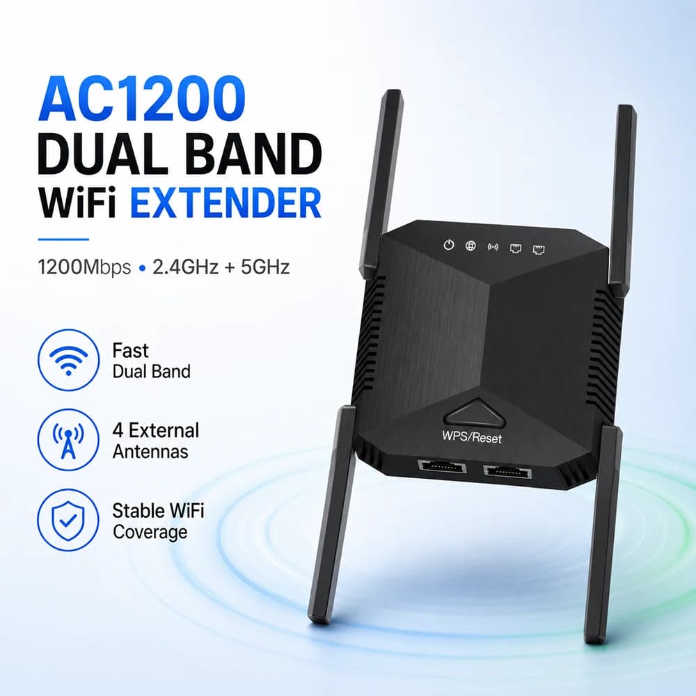 WiFi Repeater Wireless Range Extender 1200Mbps 2.4GHz 5GHZ Internet Signal Booster with External Antennas with LAN Port for Home