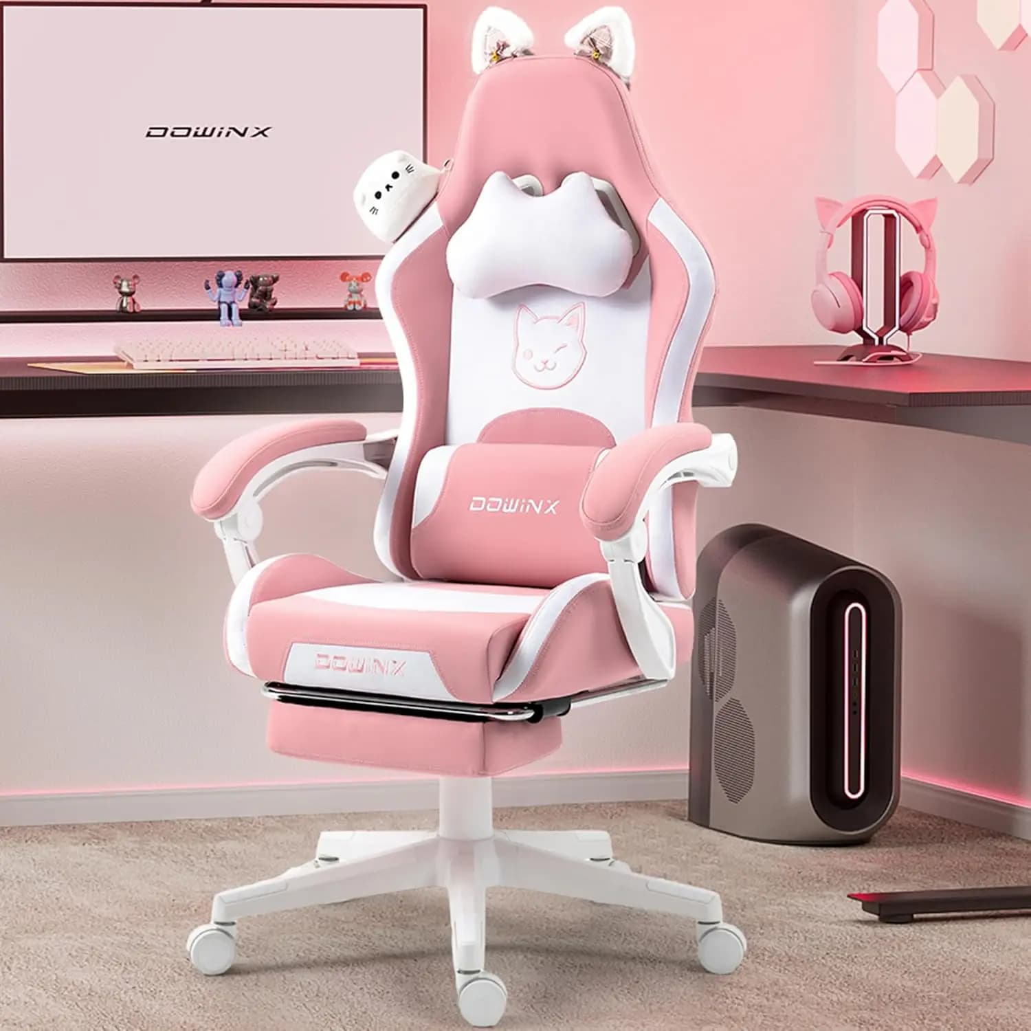 Sedia da gaming con orecchie di gatto, supporto lombare per massaggi, reclinabile e poggiapiedi, rosa per adulti/adolescenti