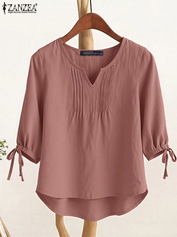 ZANZEA Camicetta da donna 2025 Autunno Manica 3/4 Camicie solide Casual Scollo a V Pieghettato Blusas Estate Lavoro femminile OL Top Tunica Oversize