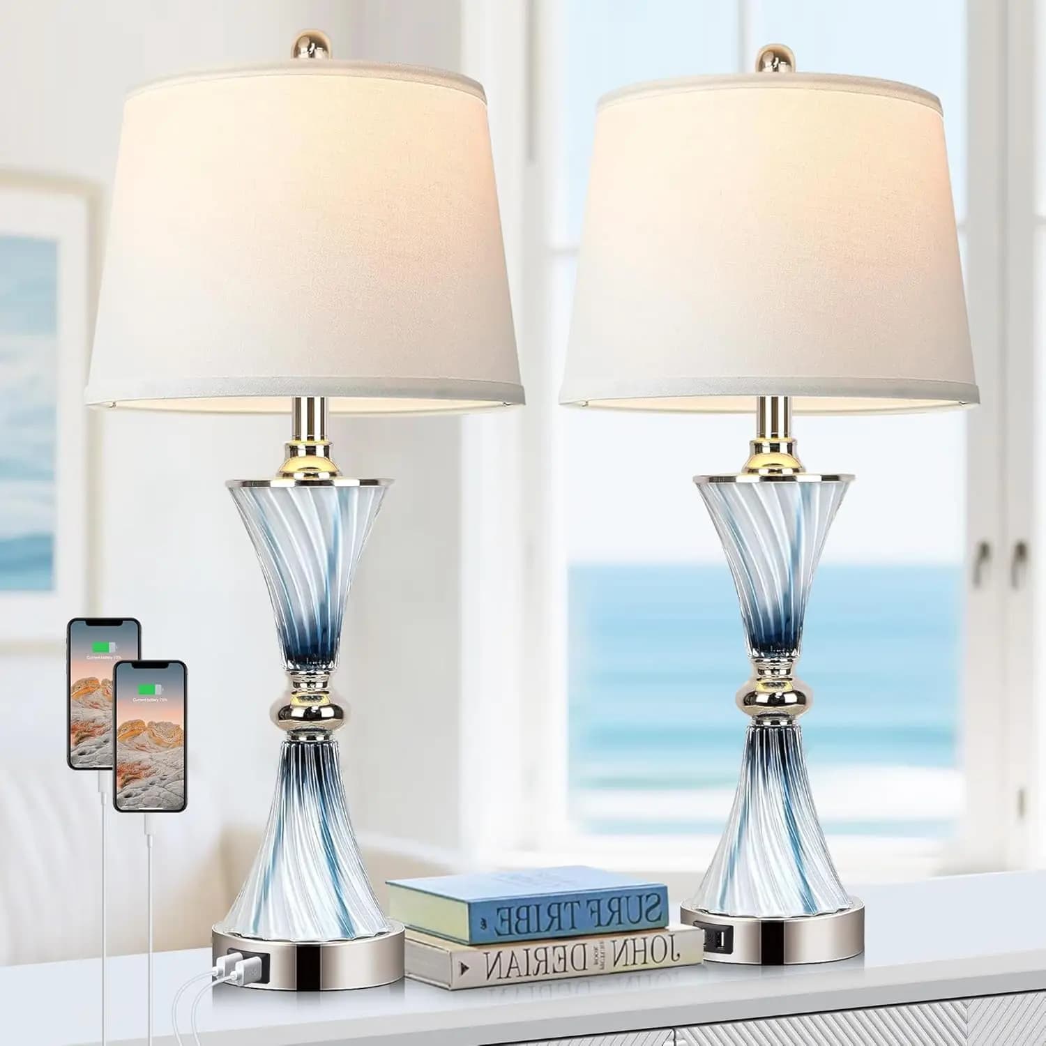 Lampade da Tavolo in Vetro Touch Dimmerabili a 3 Vie con 2 Porte USB, Set di 2 Lampade da Comodino Stile Costiero per Illuminazione Moderna da Comodino