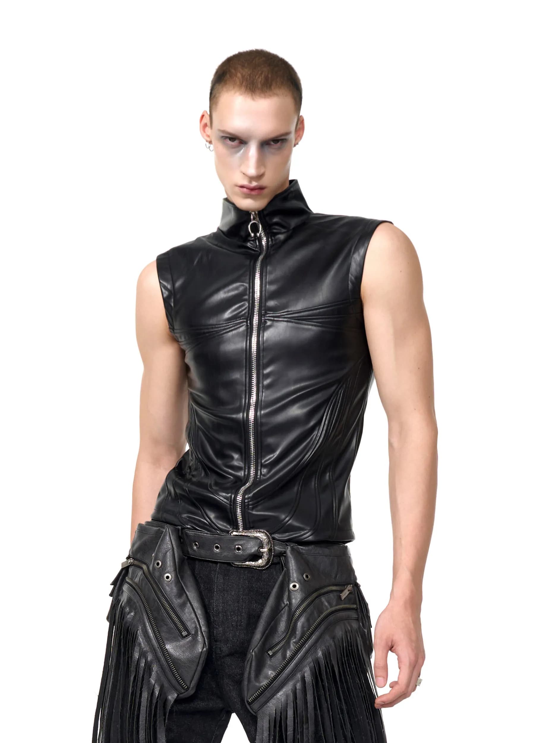 Black PU Leather Motorcycle Vest Jacket Men's Autumn Zipper Sleeveless Stand Collar Outerwear Youth Active Style Sport Scene