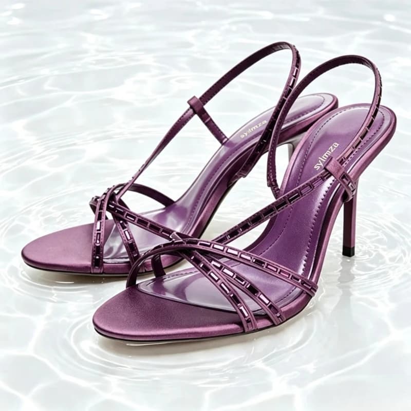 Sandali con Tacco Viola con Dettagli in Strass Lucidi, Scarpe da Donna alla Moda con Punta Rotonda e Lacci Incrociati, Tacchi Slingback Sexy con Punta Aperta, Scarpe Firmate