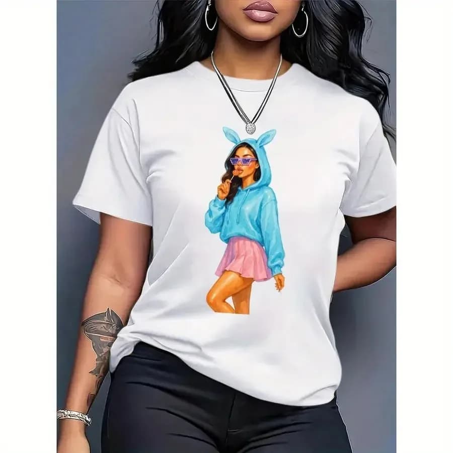 【Nuovo Arrivo】T-shirt con Grafica Occhiali da Sole e Orecchie da Coniglio, Stile Y2K, per Ragazze e Donne, Stampa Cartoon Trendy, Manica Corta, Casual, Streetwear