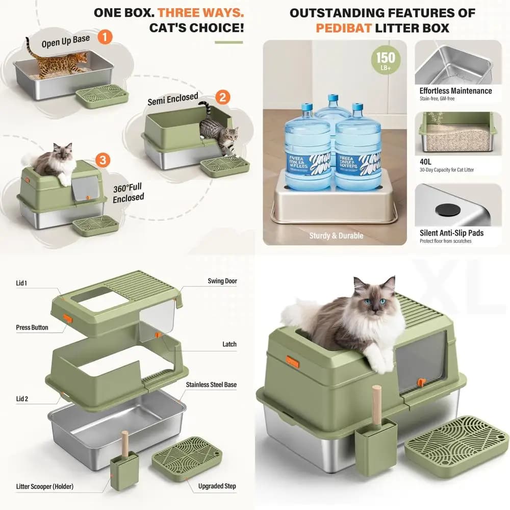 Lettiera per Gatti Extra Large in Acciaio Inossidabile con Bordi Alti, Paletta e Design Anti-Perdita (Verde)