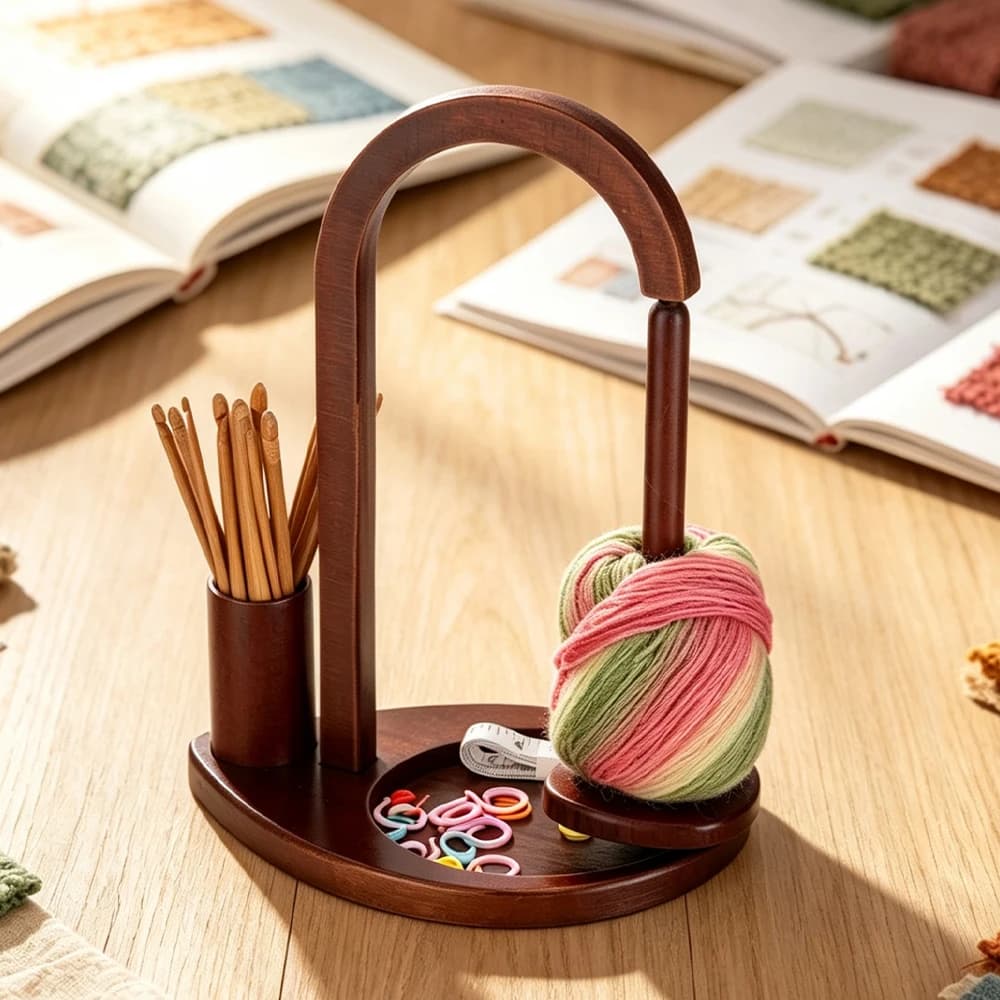 1Pcs Magnetic Wooden Yarn Holder with Crochet Hook Storage - for Knitting and Crocheting Enthusiasts,360° Rotation-Perfect Gift