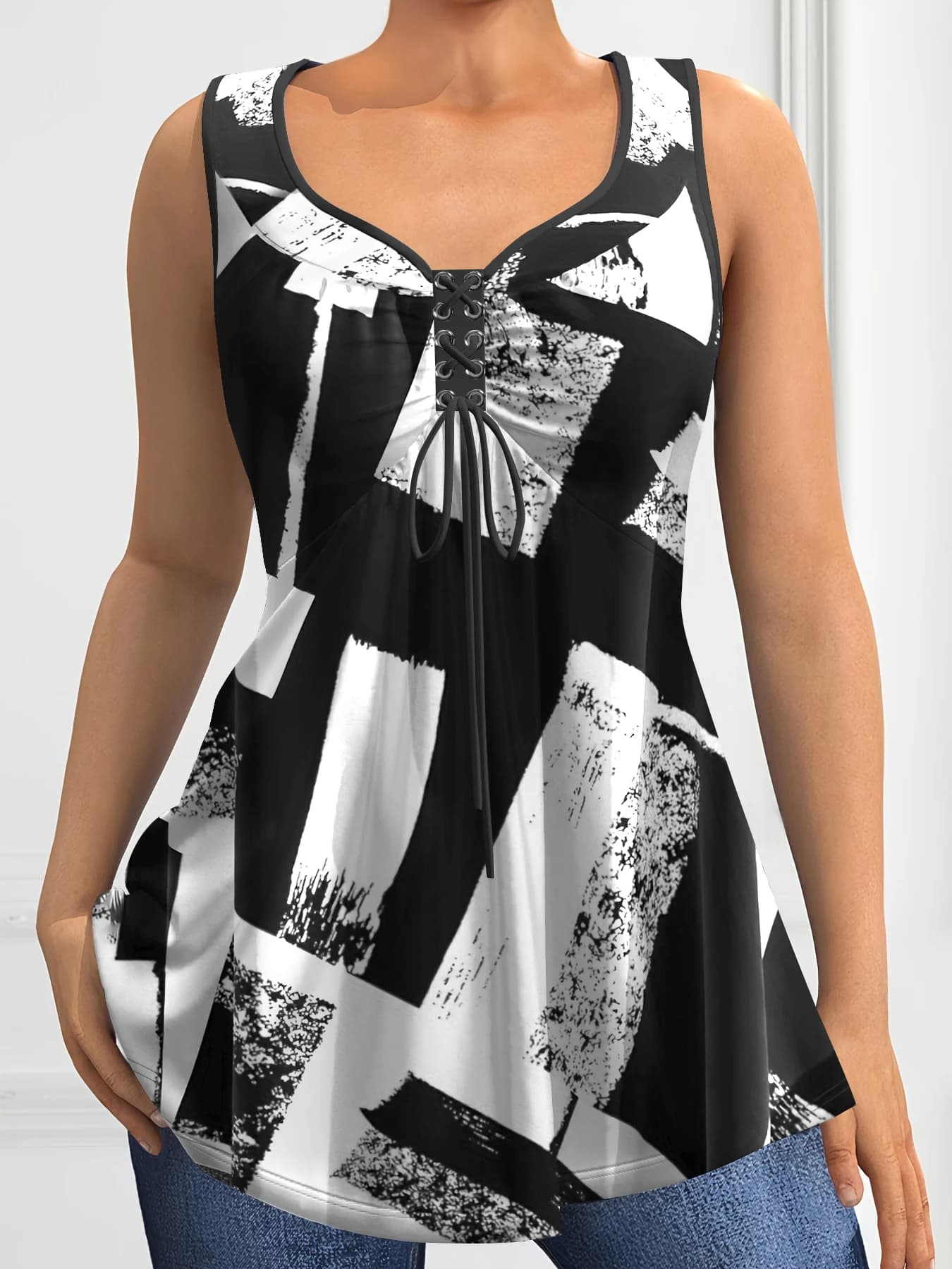 Women's Plus Size Canopy Clothing With Drawstring V-neck Sleeveless Striped Print Summer Casual Basic Tank Top Elasticized Average 2024