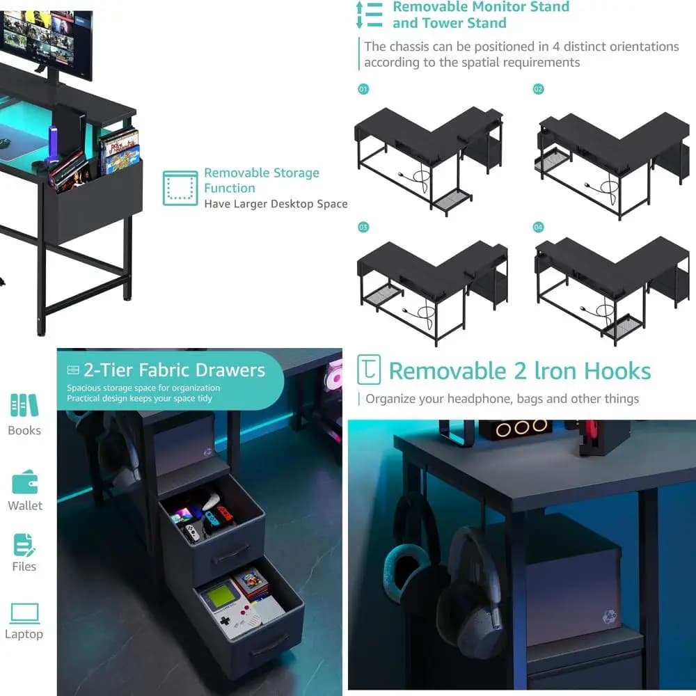 Scrivania per computer da 47 L illuminata a LED con prese di corrente, scrivania da ufficio angolare per la casa con supporto per monitor e cassetti in tessuto, nera
