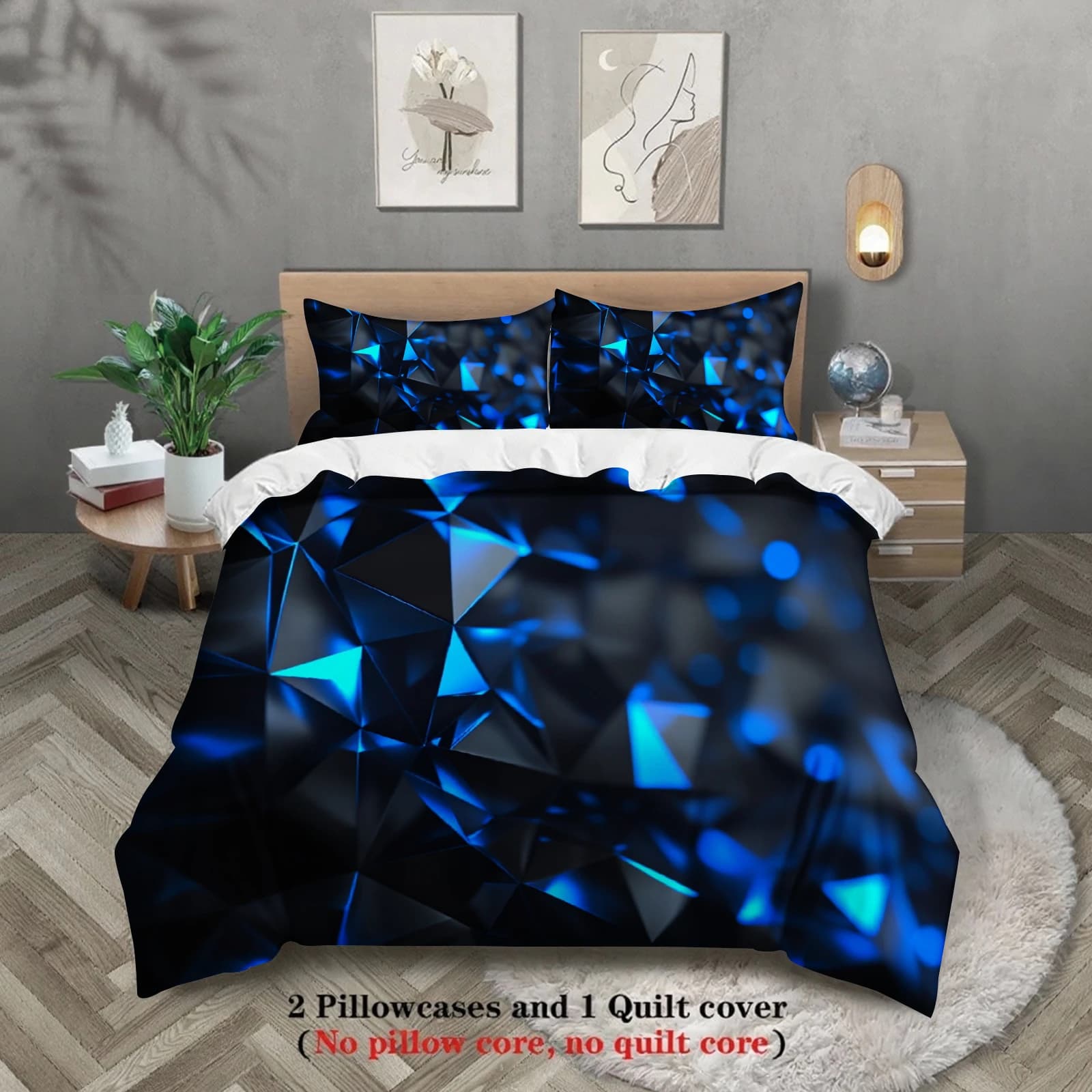 3pcs Geometric Blue Crystal Bedding Sets 3D Printed Abstract Pattern Duvet Cover Sets With Pillowcases No Filling Cool Visual