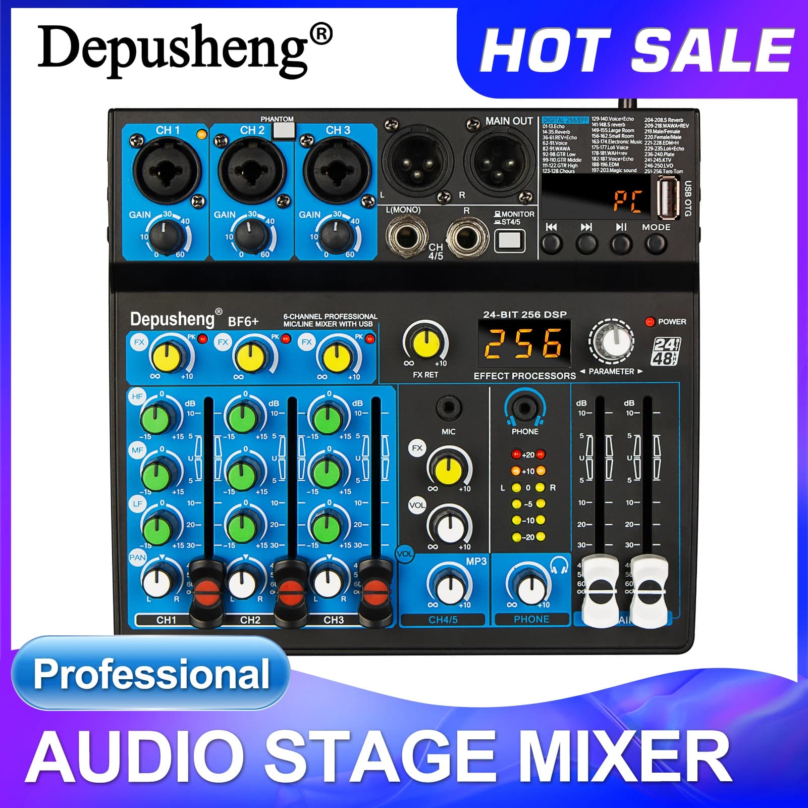 5 Channel USB Mixer Depusheng, Audio DJ Controller, Mini Mixer Professional, Portable Audio Mixing Console with 256 DSP