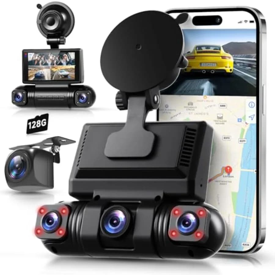 Dash Cam a 4 Canali per Auto: Visione a 360° Frontale/Posteriore/Interna/Sinistra/Destra, Plastica ABS, Nera, WiFi Integrato, Sensore G, Visione Notturna, 24