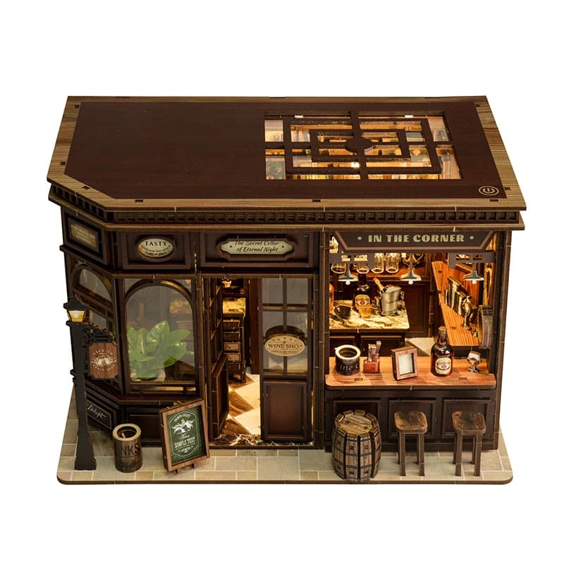 Kit modello in miniatura in legno per taverna ad angolo fai-da-te Puzzle 3D con mobili leggeri Case delle bambole Cottage per amici Regali di compleanno