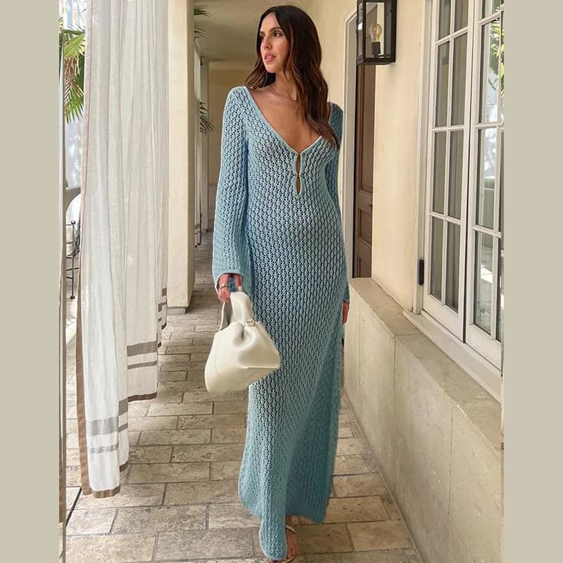 Sexy Hollow out Knitted Long Sleeve Beach Dress Bikini Swimsuit Cover up Women's Sun Protection Clothing Cotton Swimwear