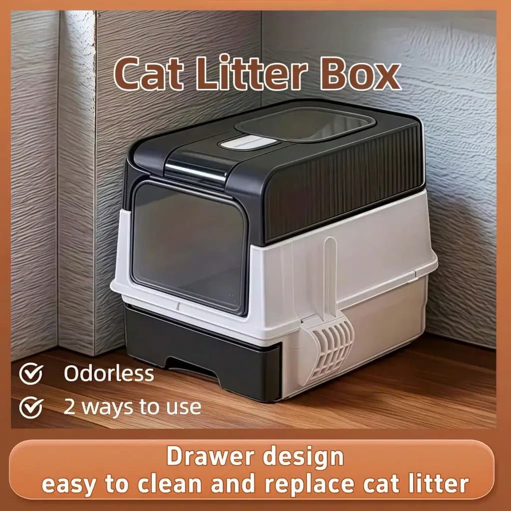 Foldable Enclosed Cat Litter Box With Drawer And Lid – Top Entry Splash-Proof Pet Toilet, Odor-Proof And Leak-Proof, Lightweight And Portable Cat Bathroom With Scoop, Space-Saving Litter Pan For Small, Medium Cats And Indoor Cat Homes