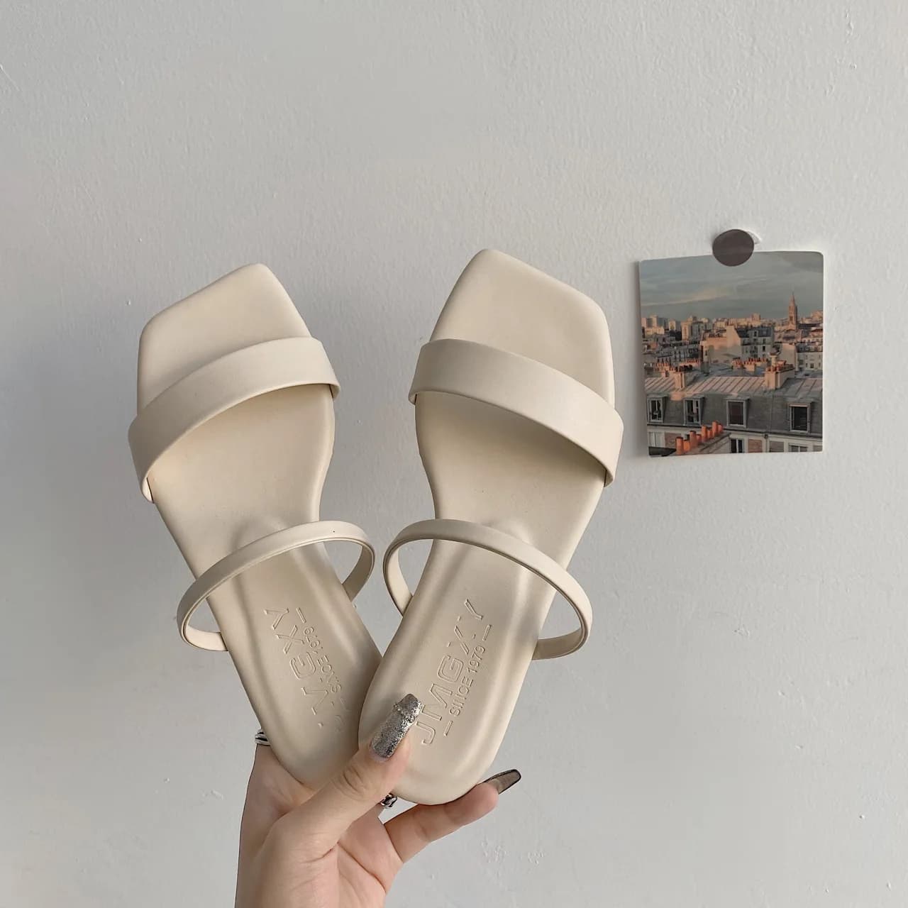 Sandali piatti da donna, nuovo stile coreano, con punta quadrata e bocca di pesce, ciabatte a fascia singola, per uso casual e da esterno