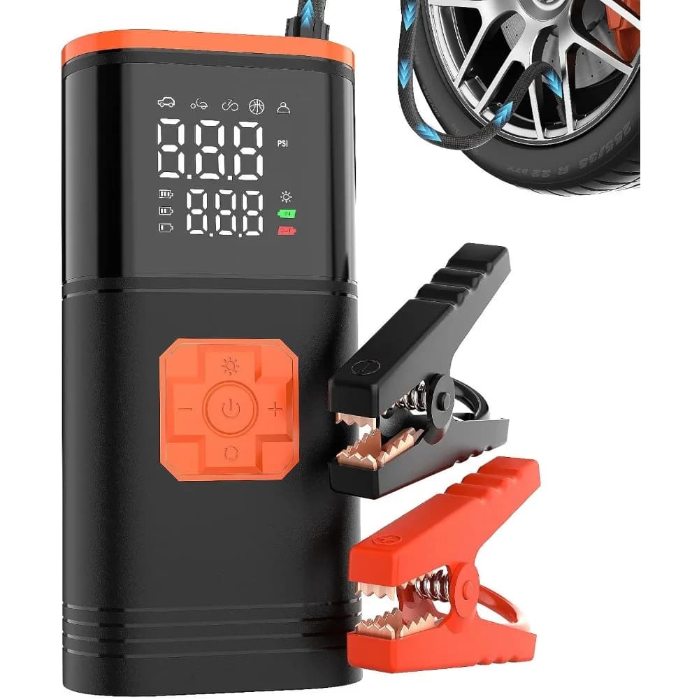 Avviatore di emergenza per batteria per auto e gonfiatore di pneumatici Compressore d'aria portatile, mini pompa per pneumatici per bici senza fili da 150 PSI, pompa d'aria per auto, moto