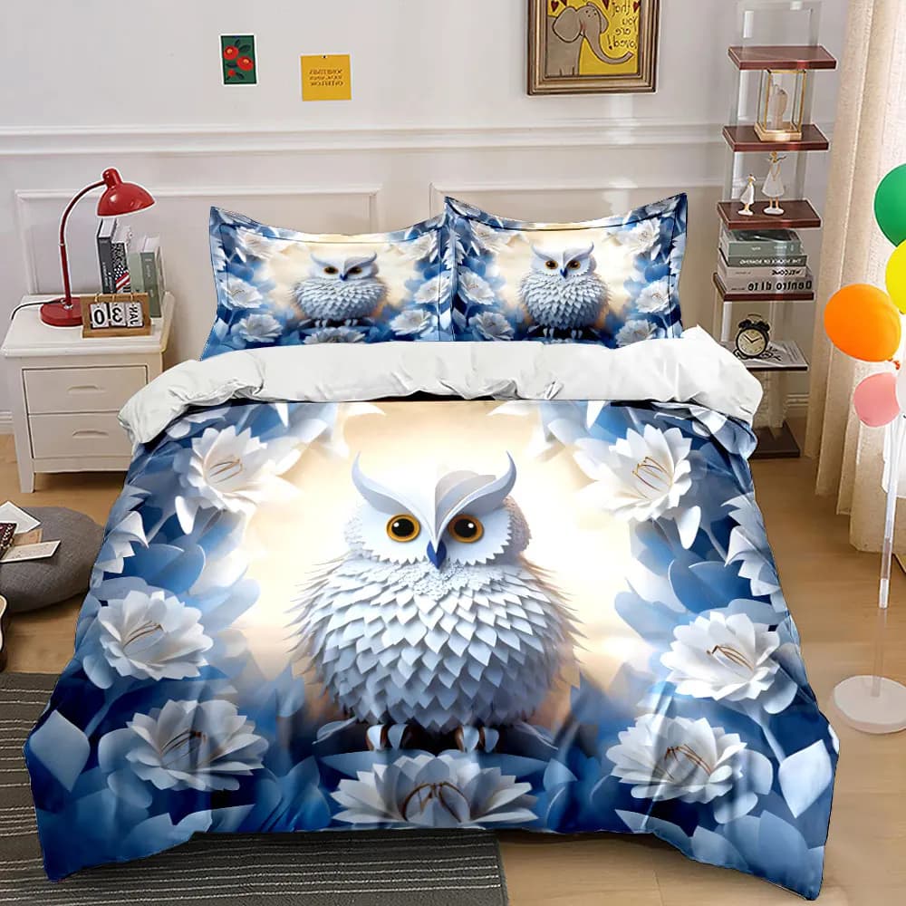 Owl Design Decorative Set Soft Skin-Friendly Bedding Set Includes 1 Duvet Cover And 2 Pillowcase, Gift