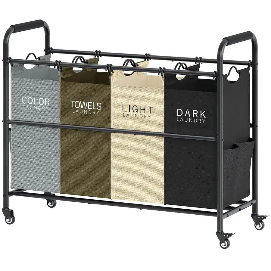 4 compartment whitewashing trolley, laundry separator with durable lockable wheels, whiteboard basket with wheels.