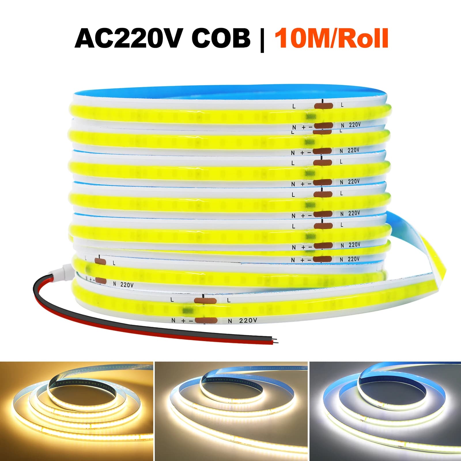 5M 10M 50M/Roll 220V COB LED Strip Light RA90 Super Bright 240LEDs/m Flexible Ribbon FOB Tape 10cm Cut Warm Natural Cold White