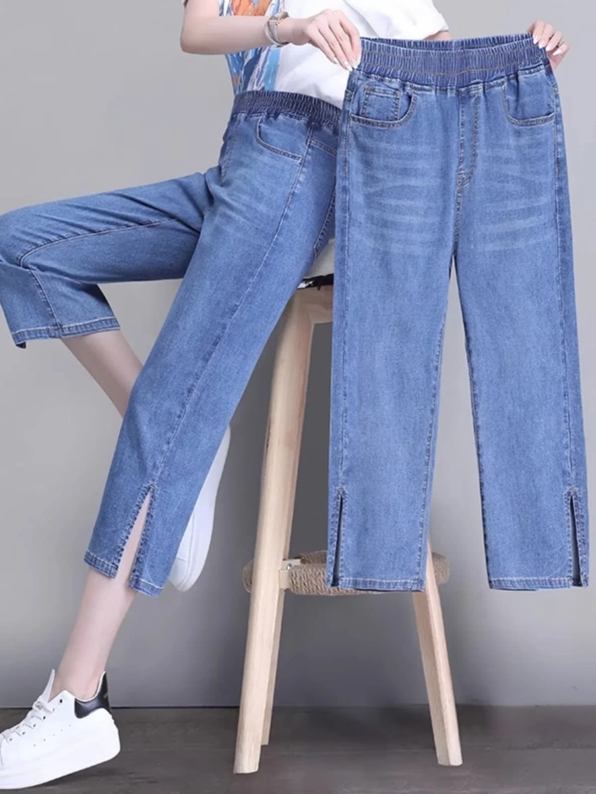 Jeans Estivi da Donna a Vita Alta con Elastico, Taglia Grande, Casual, Gamba Dritta, Sottili, a Sette Ottavi