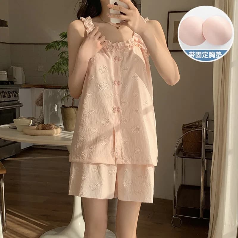 2XL large women's pyjamas with padding on the chest Summer shorts with Korean sweet canoe Ins Cloud Cotton Homewear