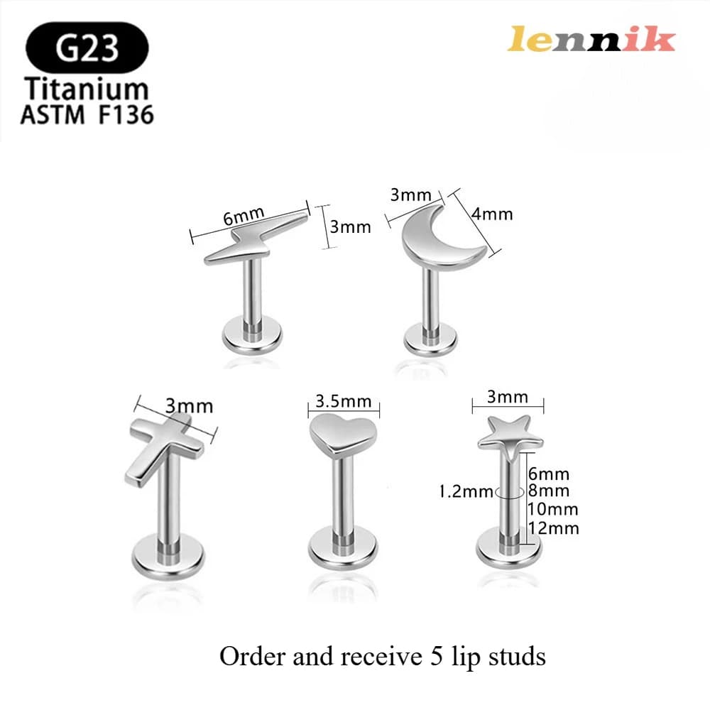 LENNIK F136 Titanium Alloy Cross Heart Lightning Moon Pentagram Internal Teeth Lip Nail/earring G23 Titanium Puncture Jewelry