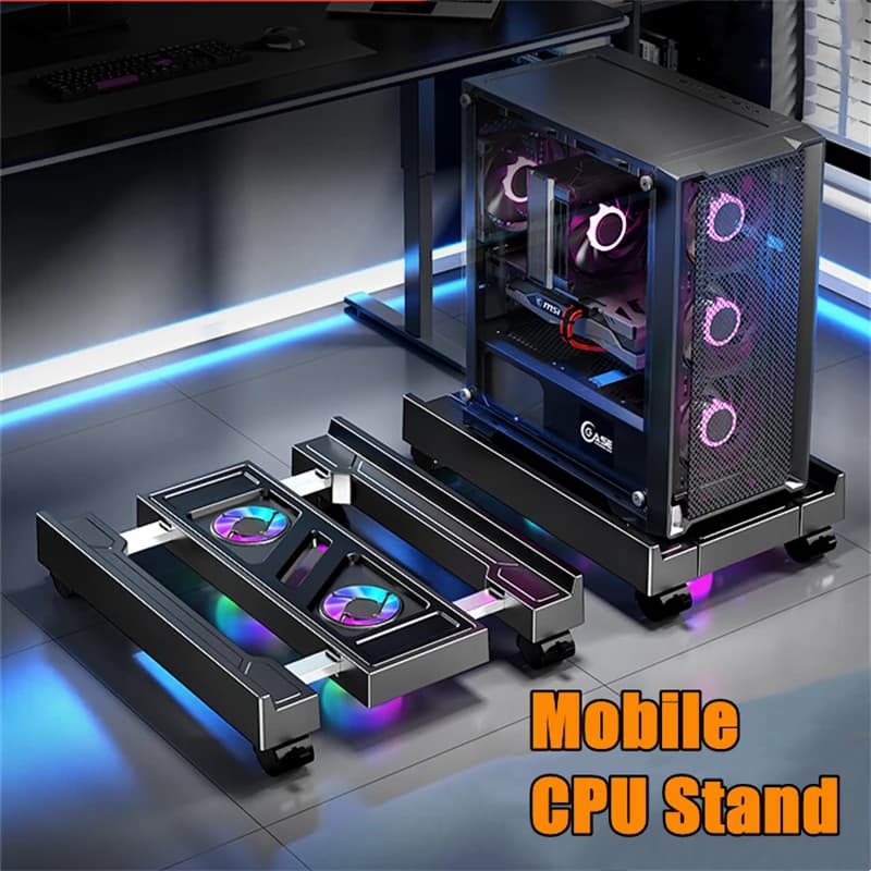 Mobile PC Tower Stand Adjustable Computer CPU Holder Telescopic Desktop Stand CPU Cart with RGB Cooling Fan Heat Dissipation