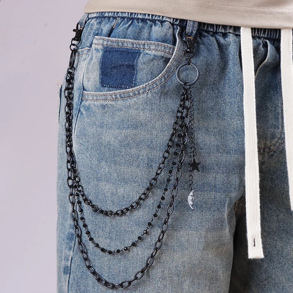 Catena popolare per pantaloni - Ciondolo stella e luna alla moda Versatile catena multistrato per pantaloni, catena di fascia alta per jeans