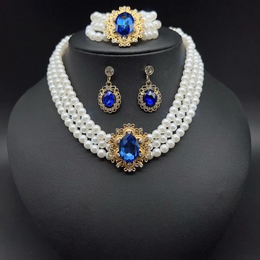 Jewellery Set with Blue Rhinestones Sparkling Pendant Earrings + Bracelet with Pearl Beads + Round Neck with 3 Layered Fin Pearls for Wedding Party