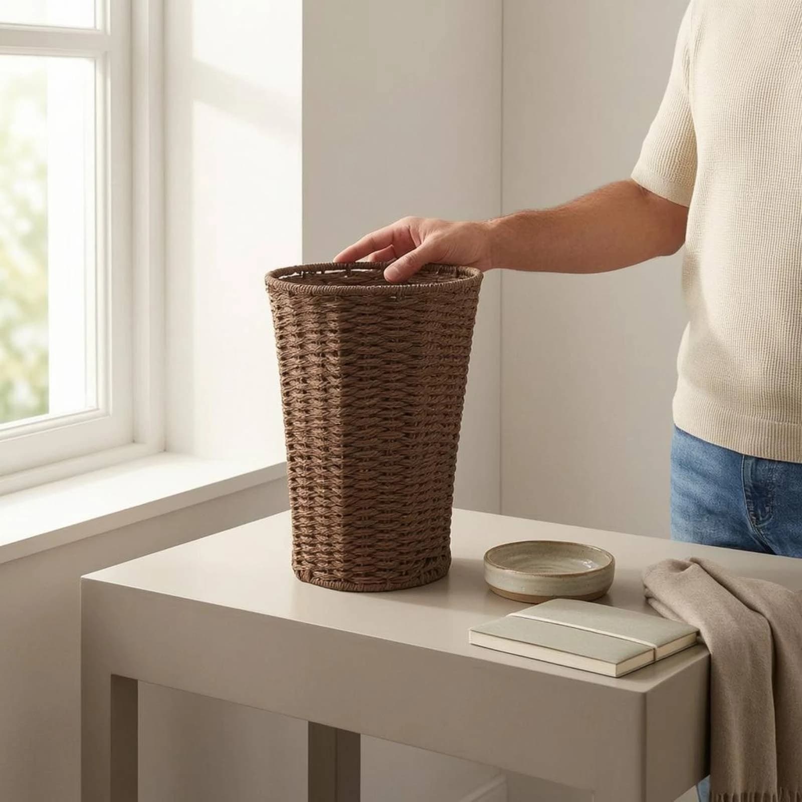 Paper Rope Waste Basket Handwoven Desktop Storage Basket Office Tidy Brown Long-Lasting
