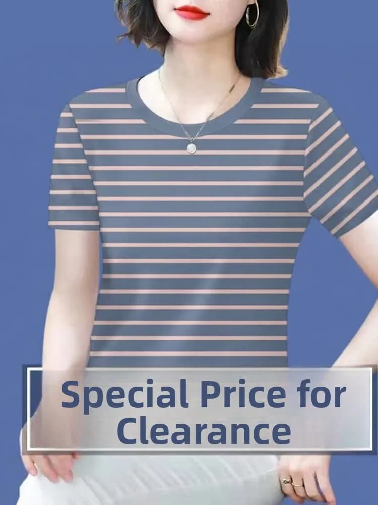 Summer Printed High-End Striped Short Sleeve T-Shirt Women's Casual Style Belly Covering Fashionable Top for Younger Look