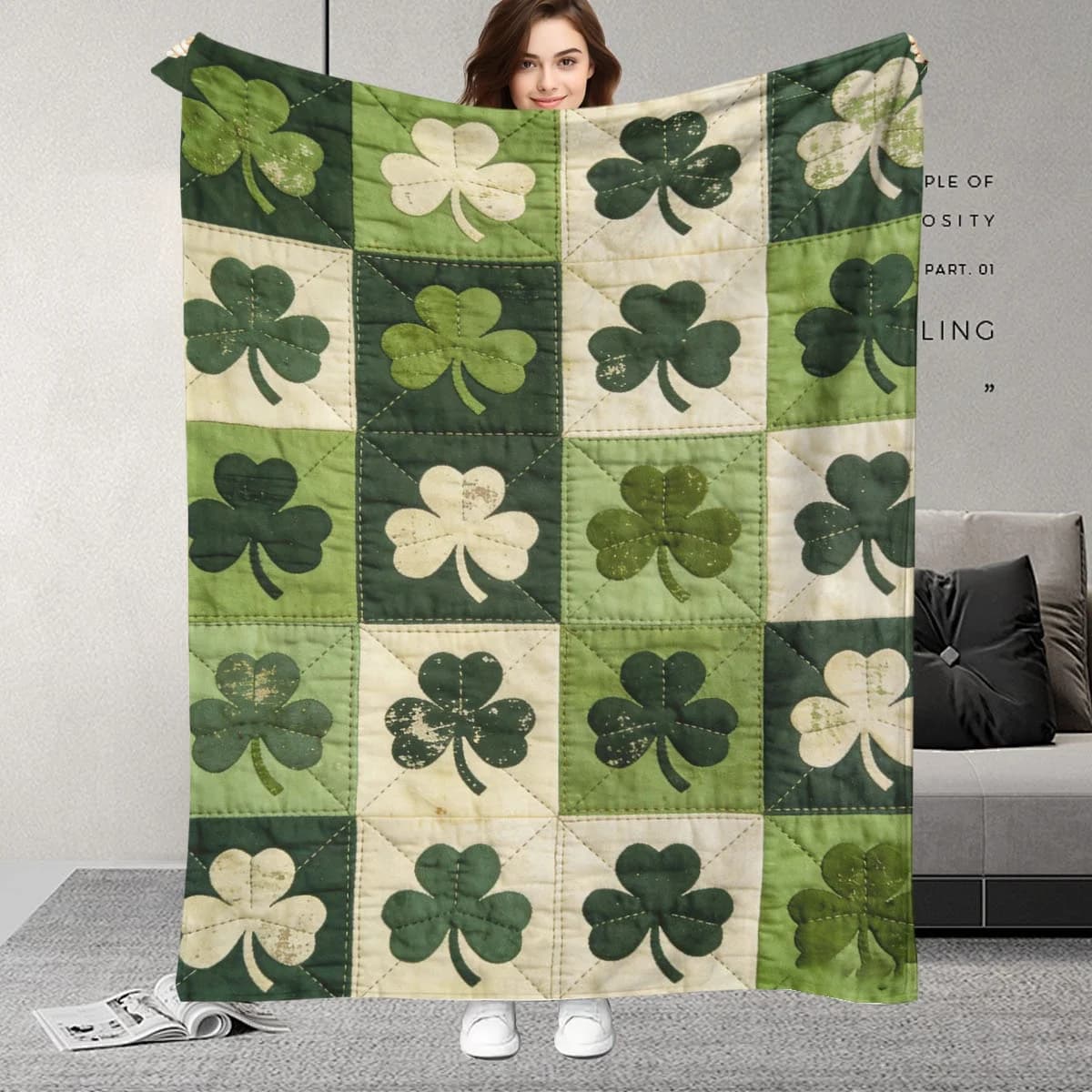 1 coperta in flanella con design a motivi di erba portafortuna, coperta calda alla moda, morbida coperta copripiumino per aria condizionata