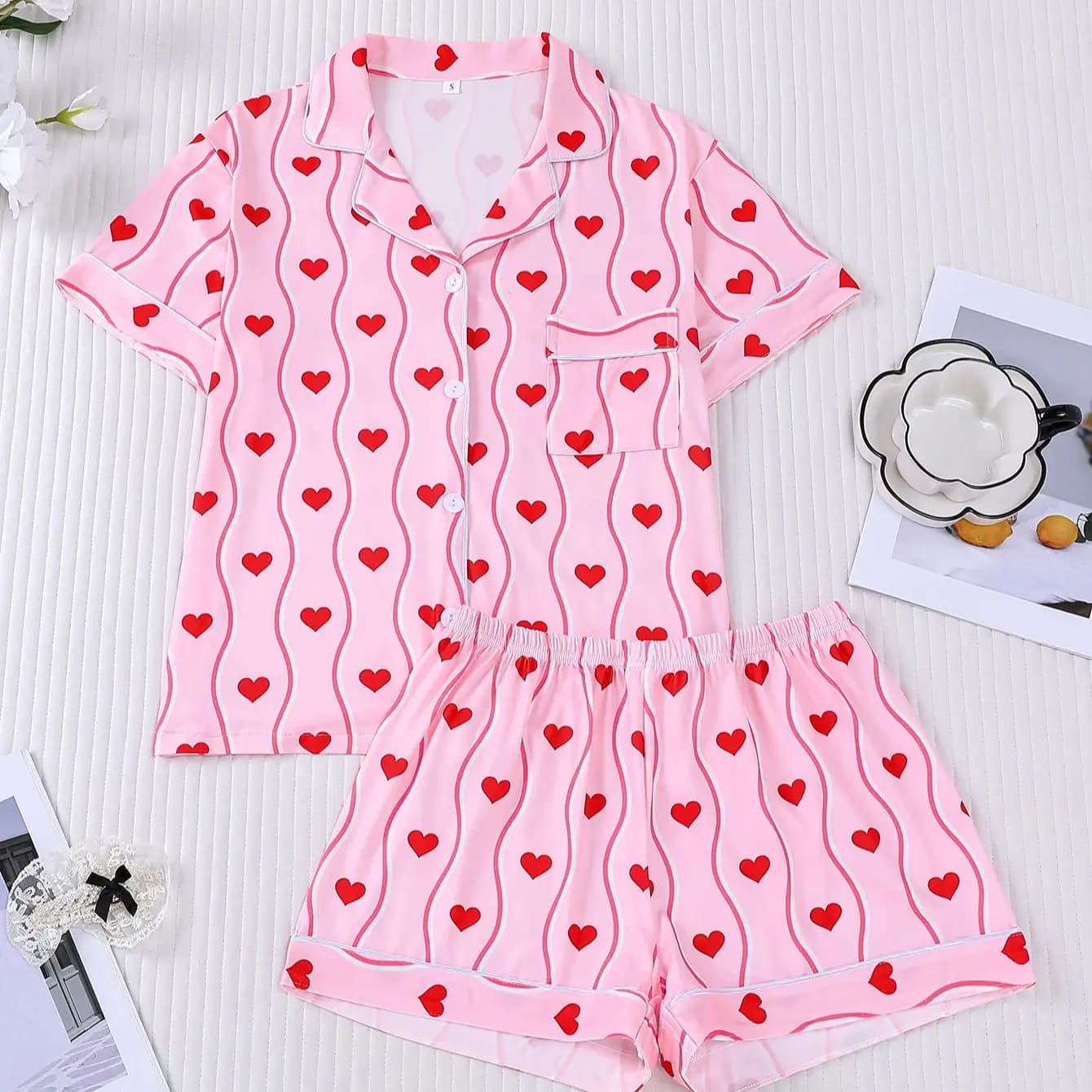 Set pigiama da donna con stampa Wave Love, bordo bianco a contrasto, cardigan a maniche corte, pantaloncini, abbigliamento da casa traspirante e delicato sulla pelle