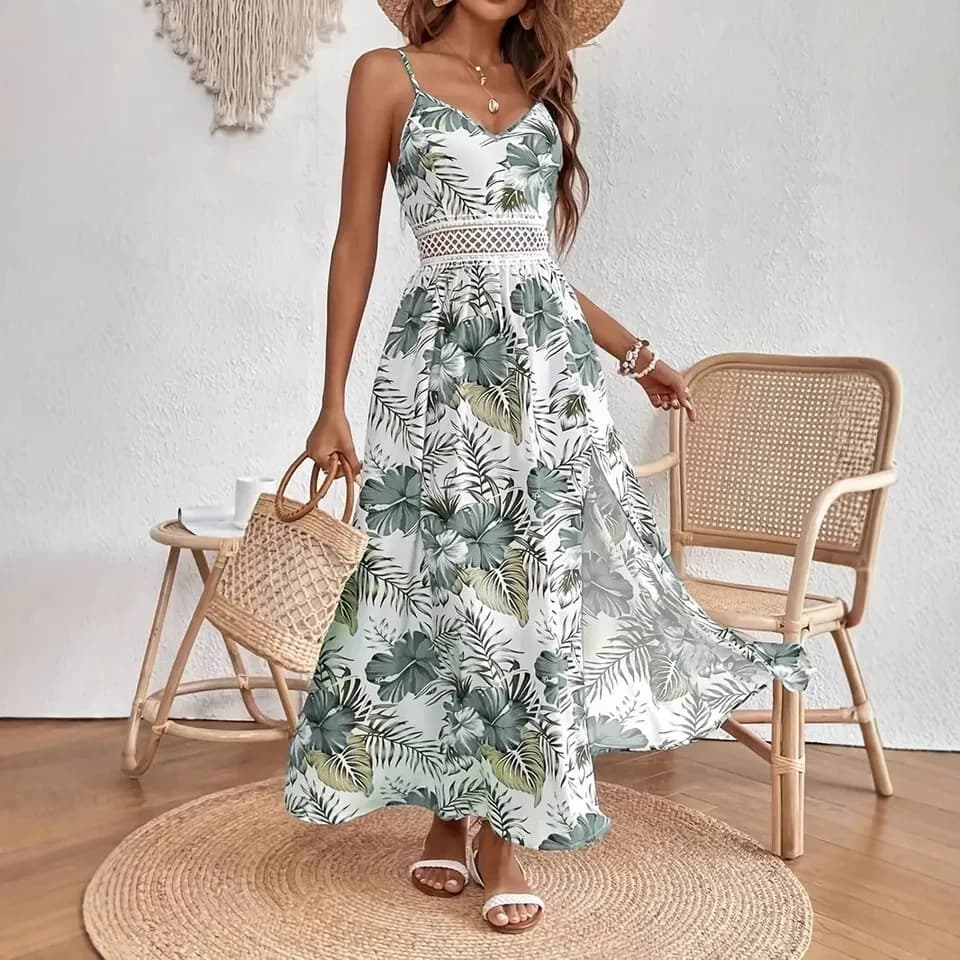 Abito Lungo Estivo da Donna con Scollo a V e Spalline, Stile Bohemien, Stampa alla Moda, Spacco sull'Orlo, Vestito Ampio per Spiaggia e Resort