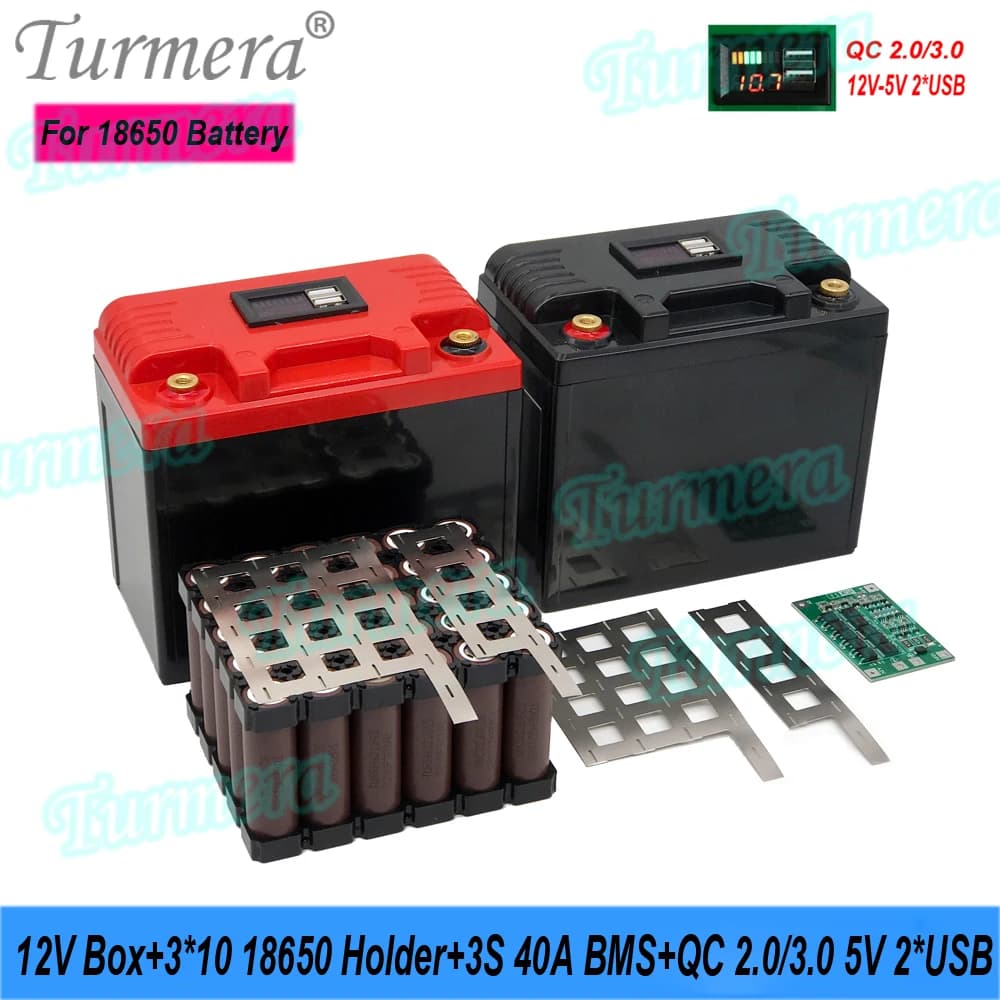 Turmera 12V Scatola batteria moto 18650 21700 Supporto 40A Balance BMS 5V 2.1A QC3.0 2 * Porta USB per UPS Camping Power Bank Uso